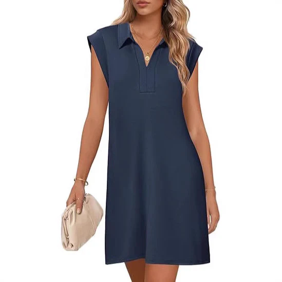New Fashion Polo Collar Short Sleeve Dress Women