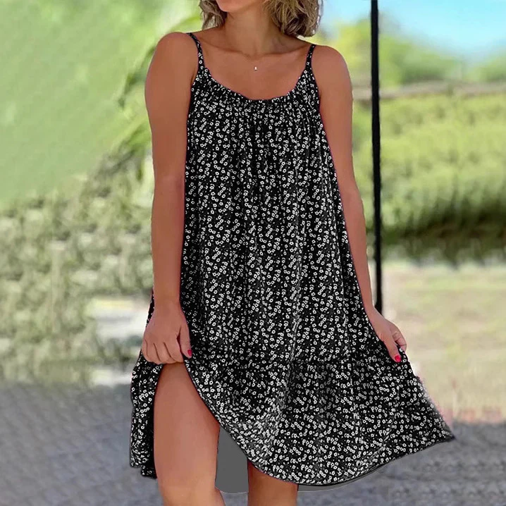 Casual Style Printed Sleeveless Large Sling Suspender Dress